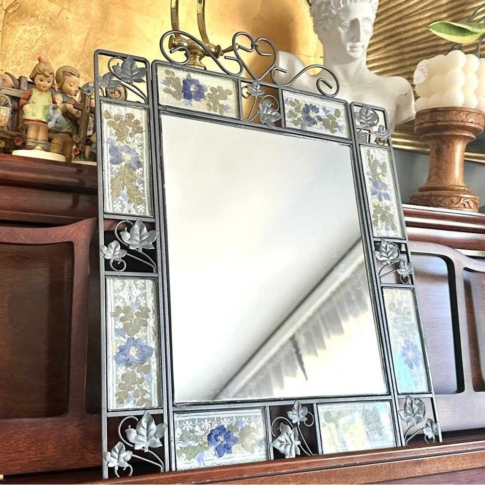 Vintage Silver and Blue Floral Wall Mirror